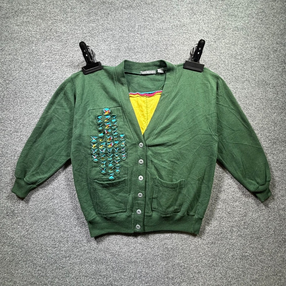 VTG Lady Madeira Cardigan Sweater Women's Large Green Diamond Slit Button Front